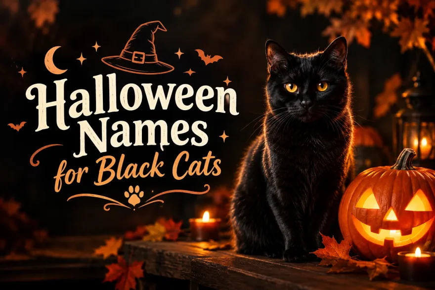 Black cat with amber eyes sitting beside a glowing carved jack-o'-lantern and candles