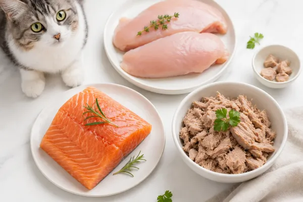 Cat looking at cooked plain chicken on a white plate
