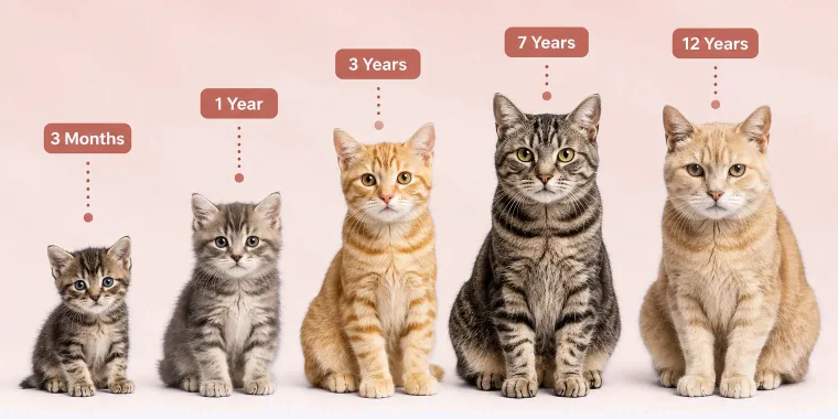 Five cats at three months, one year, three years, seven years and twelve years old, side by side