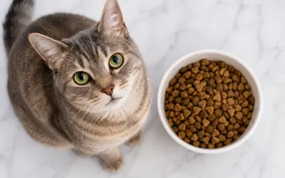 Cat beside a bowl of dry food