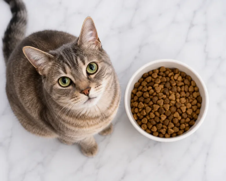 Cat sitting beside a bowl of dry food