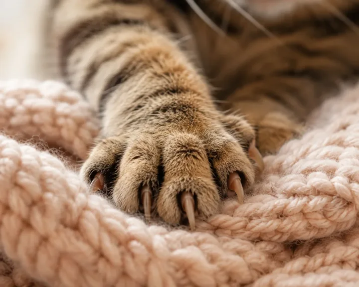 Close view of a cat's front paw pressing into a knitted blanket with claws slightly extended