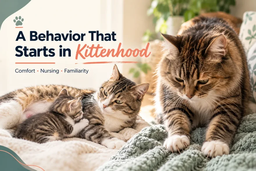 A kitten nursing beside its mother while an adult tabby cat kneads a knitted blanket, showing that kneading starts in kittenhood