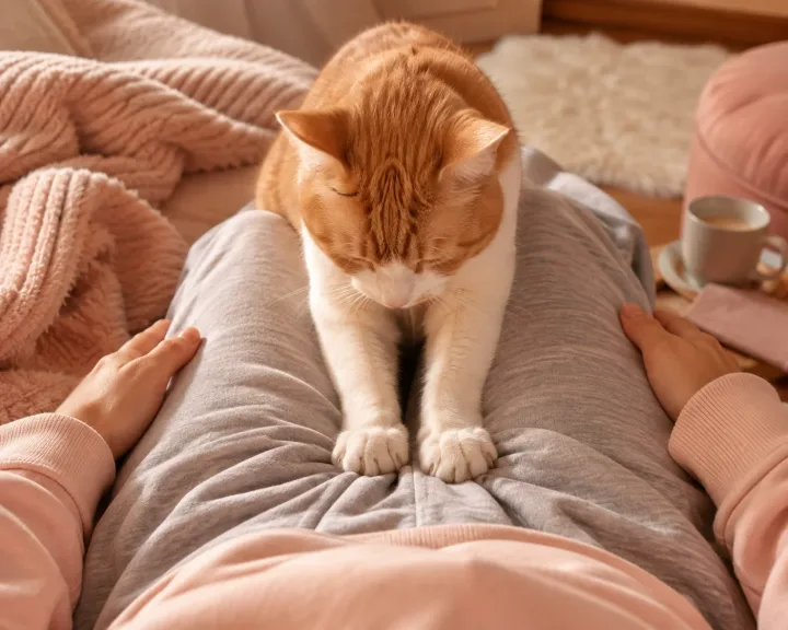 Ginger and white cat kneading a person's lap with both front paws