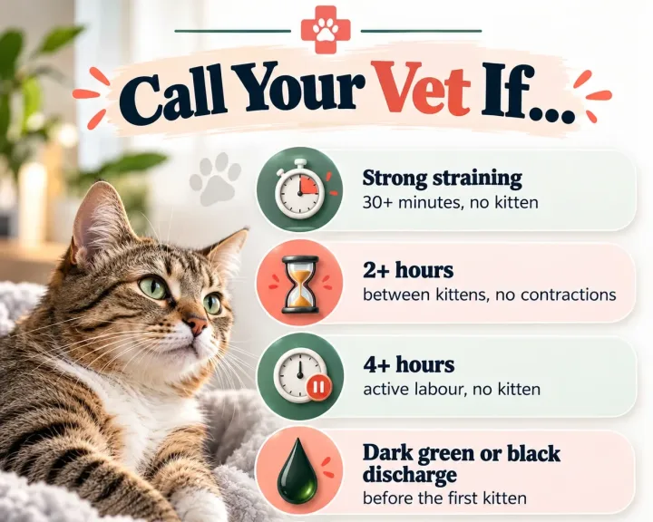 Infographic of cat labor warning signs that need a vet: strong straining for 30 minutes with no kitten, 2 hours between kittens with no contractions, 4 hours of active labor with no kitten, and dark green or black discharge before the first kitten