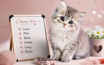 Fluffy kitten beside a board of name ideas