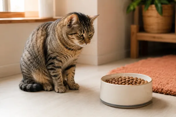 Tabby cat sitting beside a full food bowl, not eating