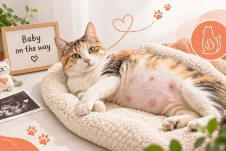 Pregnant calico cat resting on a cream knitted bed beside a Baby on the way sign