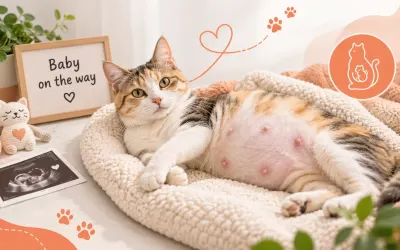 Pregnant cat resting on a soft bed