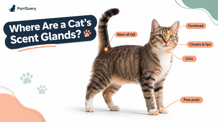 Diagram showing where a cat's scent glands are: forehead, cheeks and lips, chin, paw pads and the base of the tail