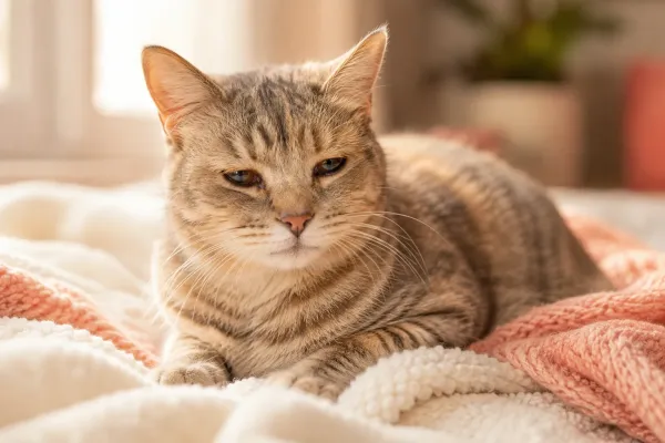 Tabby cat with slightly watery eyes resting on a blanket