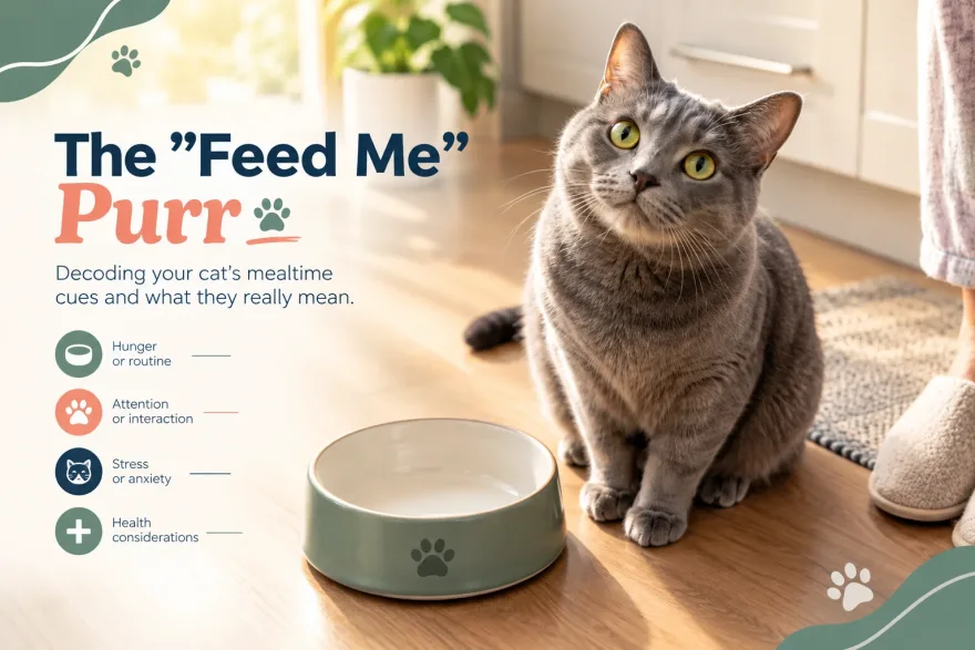 Grey cat purring and looking up at its owner beside an empty food bowl in the morning