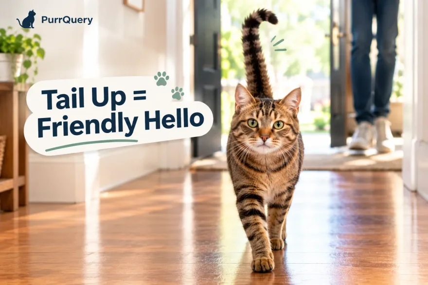 Tabby cat walking towards its owner with its tail held straight up in greeting