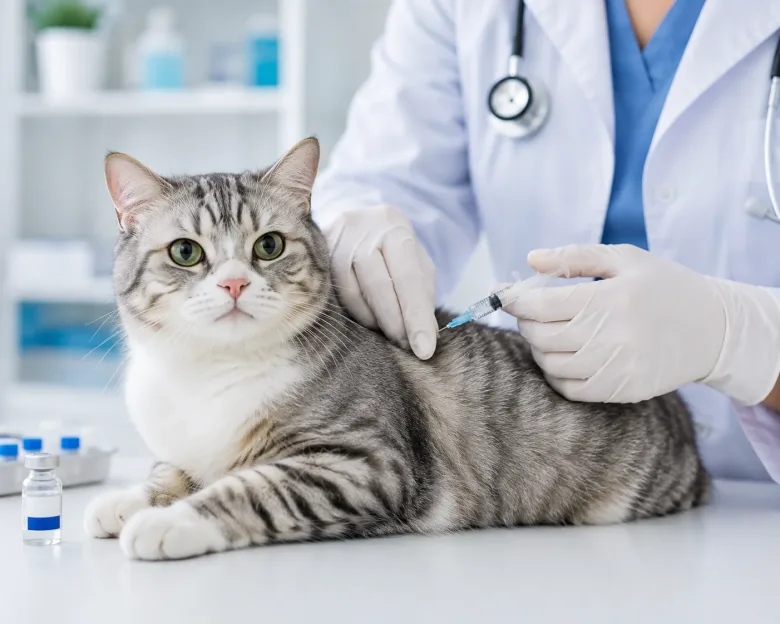 Veterinarian examining a calm tabby cat