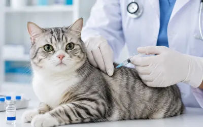 Veterinarian examining a calm tabby cat