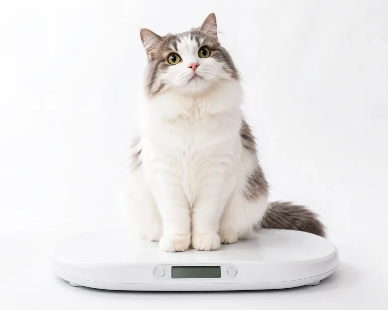 Fluffy cat sitting on a digital pet scale