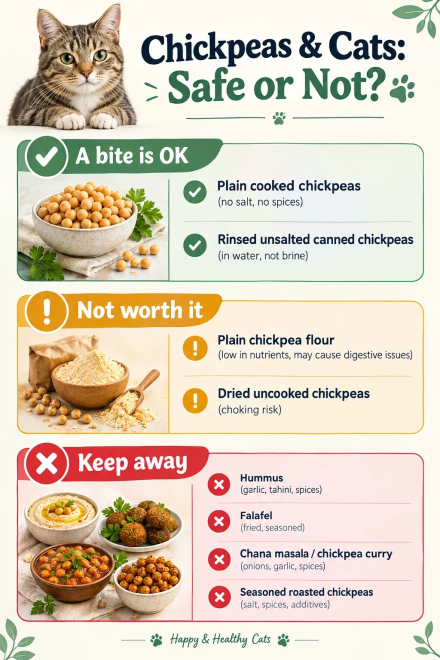 Chart showing which chickpea foods are safe for cats: plain cooked and unsalted canned chickpeas are OK in a bite, chickpea flour and dried chickpeas are not worth it, and hummus, falafel, chickpea curry and seasoned roasted chickpeas should be kept away