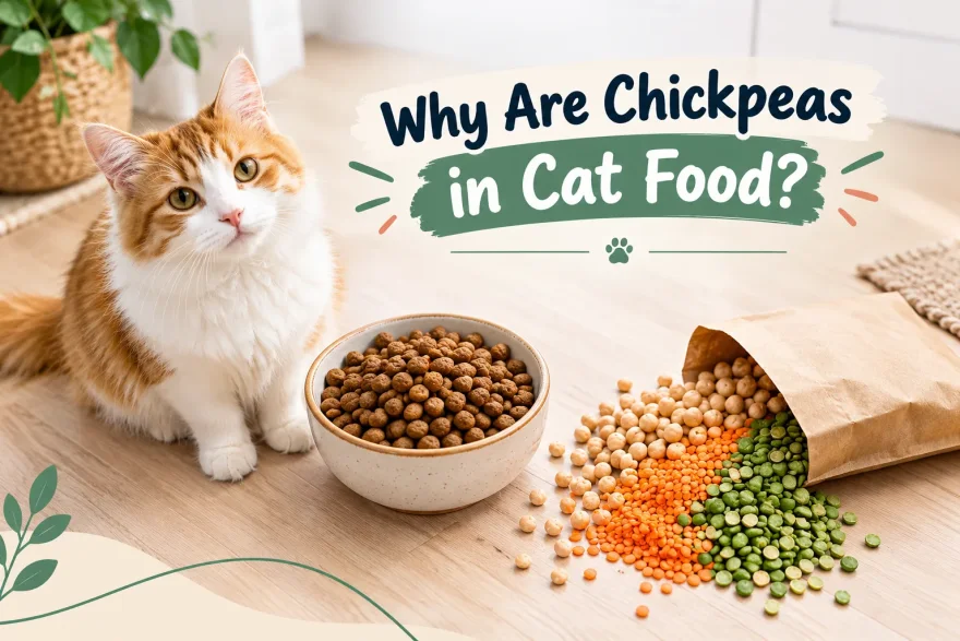 Ginger and white cat sitting beside a bowl of dry cat food with chickpeas, red lentils and green split peas spilling from a paper bag