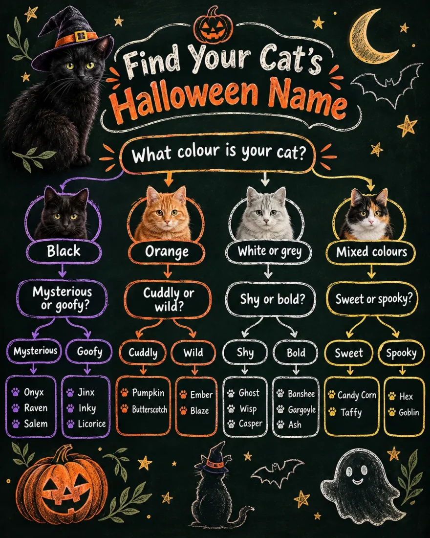 Chalkboard flowchart for choosing a Halloween cat name by coat color and personality, from black, orange, white or gray, and mixed-color cats to name ideas like Onyx, Pumpkin, Ghost and Hex
