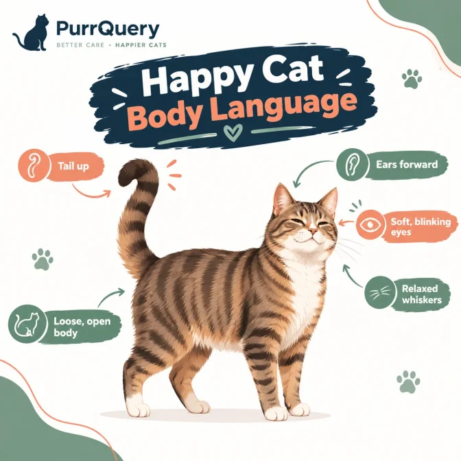 Chart of happy cat body language: tail up, ears forward, soft blinking eyes, relaxed whiskers and a loose, open body