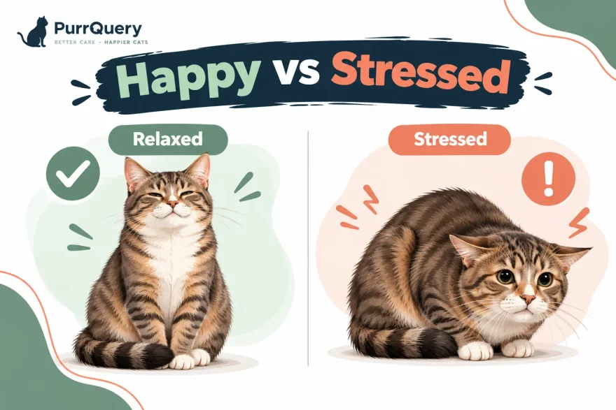 Side-by-side comparison of a happy, relaxed cat sitting upright and a stressed cat crouching with flattened ears