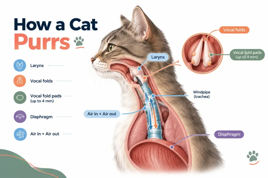 Labelled diagram of a cat's larynx showing the vocal folds, vocal fold pads, windpipe, diaphragm and airflow during purring
