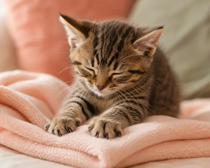 Tabby kitten resting on a soft pink blanket