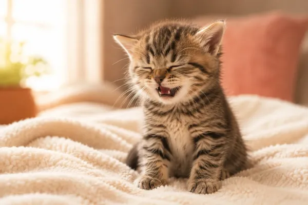 Small tabby kitten mid-sneeze on a soft blanket
