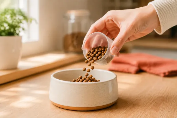 Hand pouring a measured cup of kibble into a cat's bowl