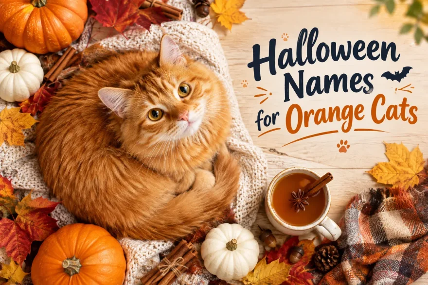 Orange tabby cat curled on a knitted blanket among small pumpkins and autumn leaves, seen from above