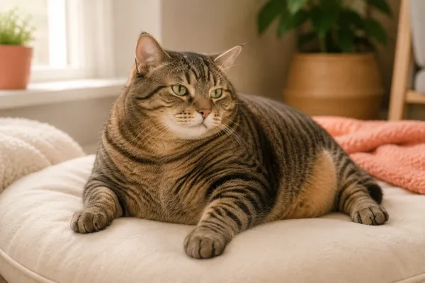 Overweight tabby cat resting calmly on a soft cushion