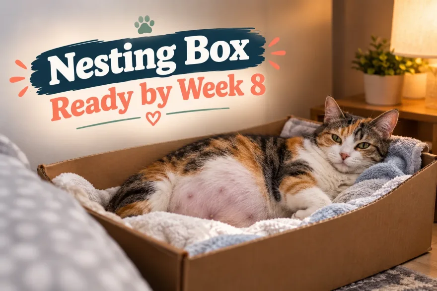 Pregnant calico cat resting in a cardboard nesting box lined with soft towels in a quiet corner