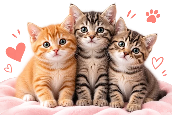 Three adorable kittens sitting together on a soft pink blanket