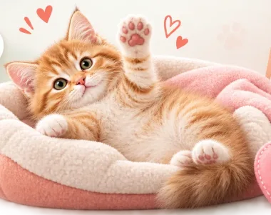 Playful orange kitten relaxing in a cozy bed with cat care essentials