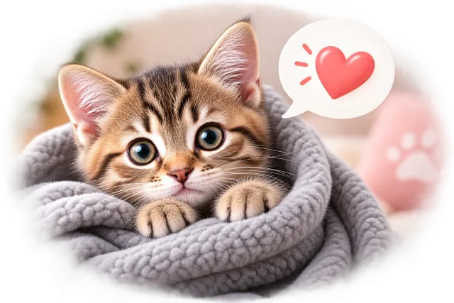 Tabby kitten resting comfortably in a soft blanket