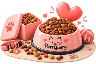Pink cat food bowl filled with kibble beside a heart-shaped toy