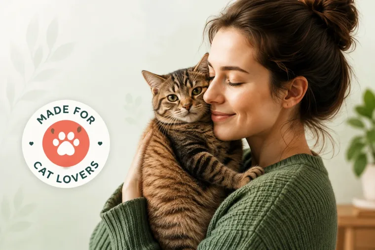Smiling woman hugging her tabby cat close, eyes closed, in a calm home