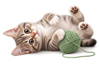 Playful tabby cat lying beside a green yarn ball