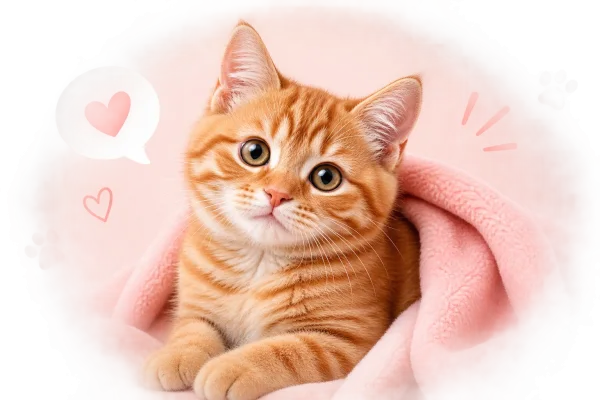 Ginger kitten wrapped in a soft pink blanket beside a heart speech bubble
