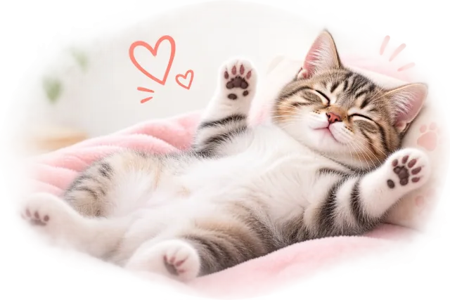 Happy tabby cat relaxing comfortably with its paws raised