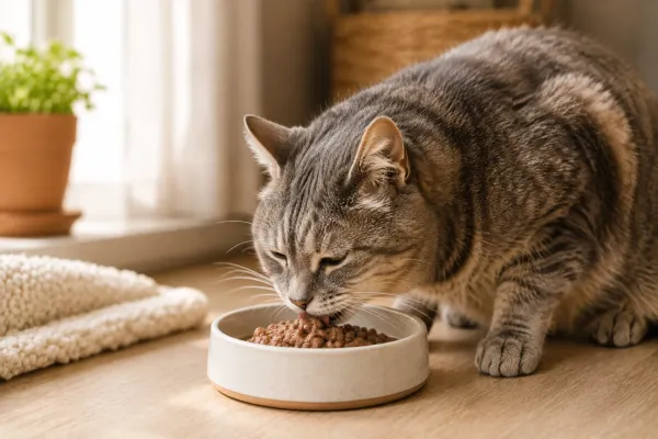 Older gray tabby cat eating from a bowl of wet food