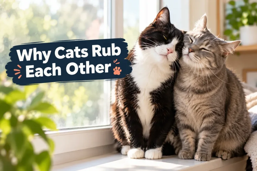 Two cats rubbing their heads and cheeks together on a sunny windowsill to share scent