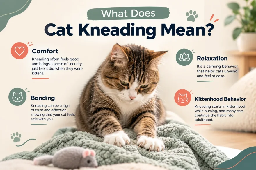 Infographic on what cat kneading means: comfort, relaxation, bonding and a habit carried over from kittenhood