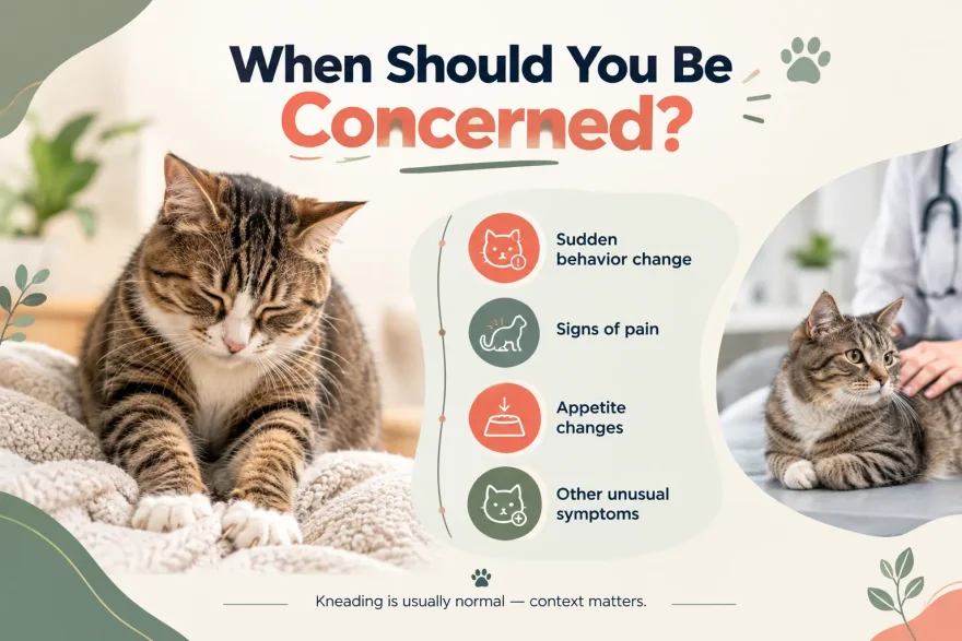 Infographic on when cat kneading needs a vet: a sudden behavior change, signs of pain, appetite changes or other unusual symptoms
