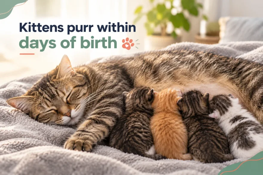 Mother tabby cat lying on her side nursing four young kittens