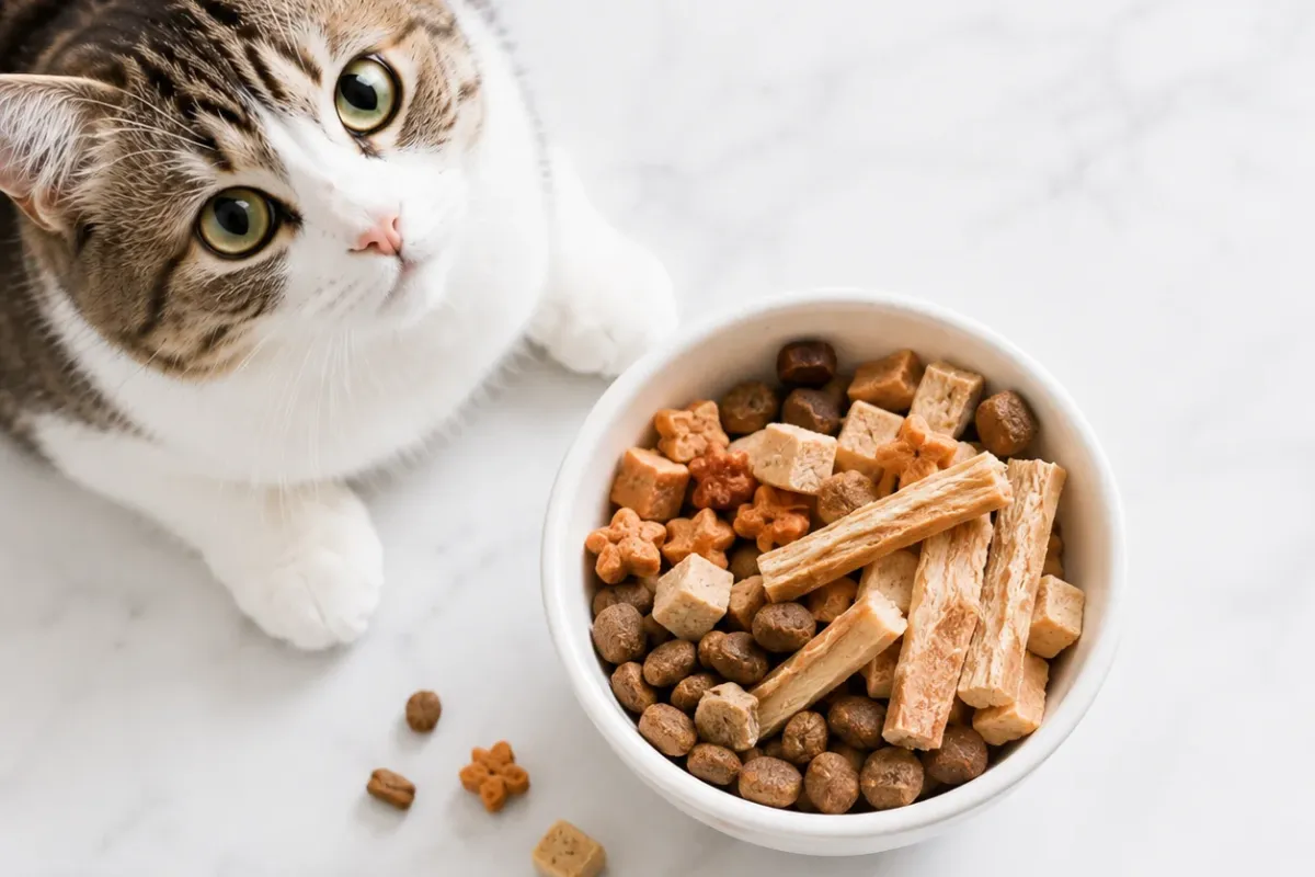 Salmon, chicken and fresh ingredients beside a bowl of cat food