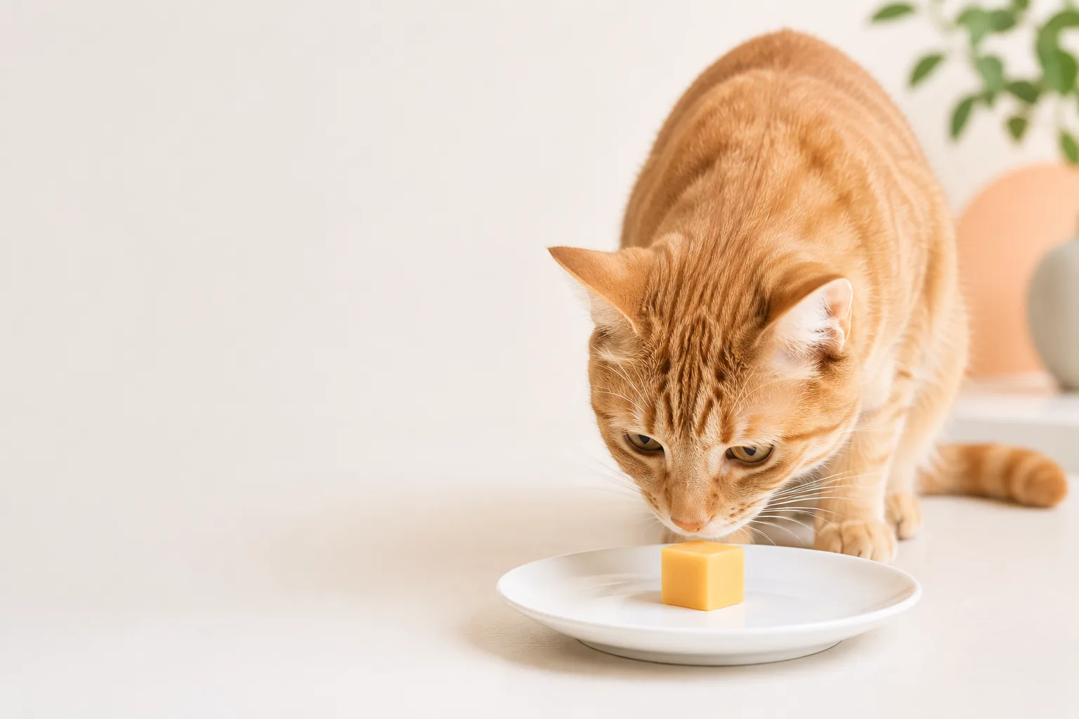 Cat sniffing a small cube of cheddar cheese on a plate