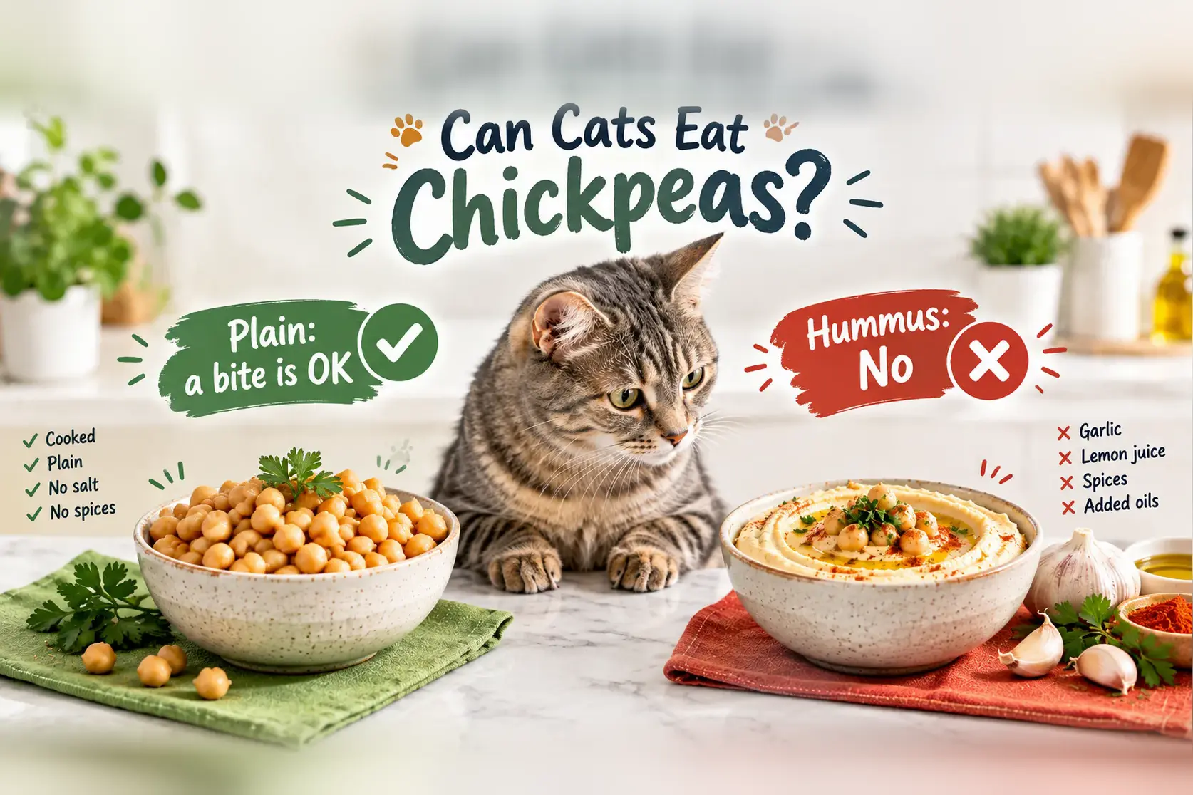 Gray tabby cat between a bowl of plain cooked chickpeas marked OK and a bowl of hummus with garlic marked No