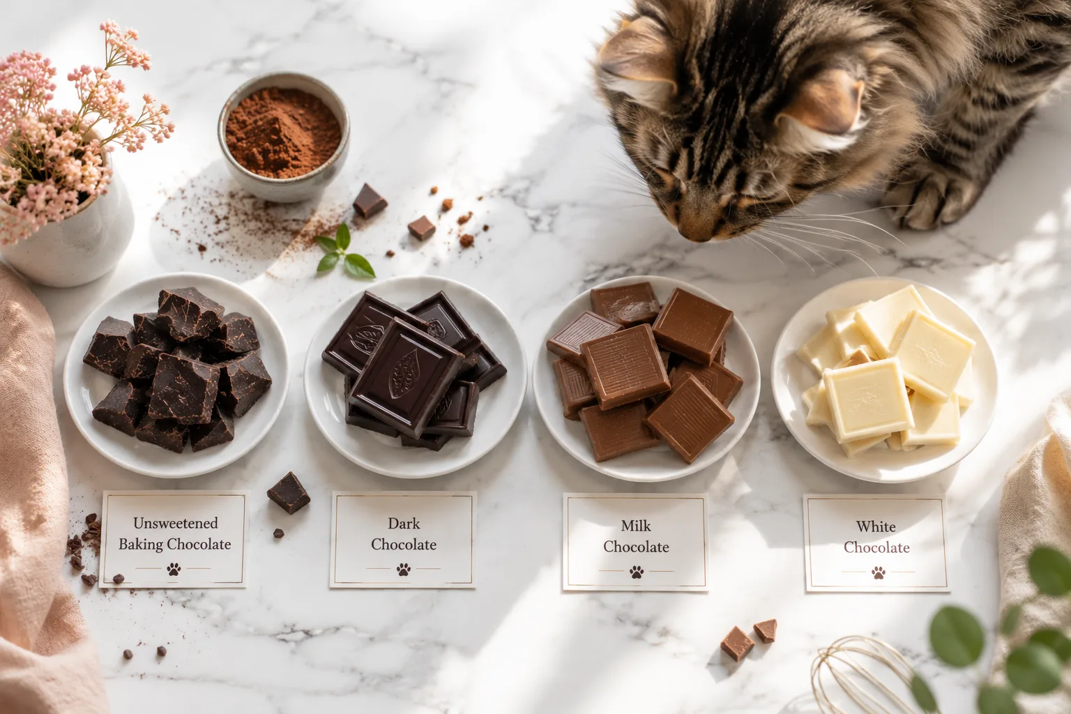 Unsweetened baking, dark, milk and white chocolate on white plates beside a tabby cat