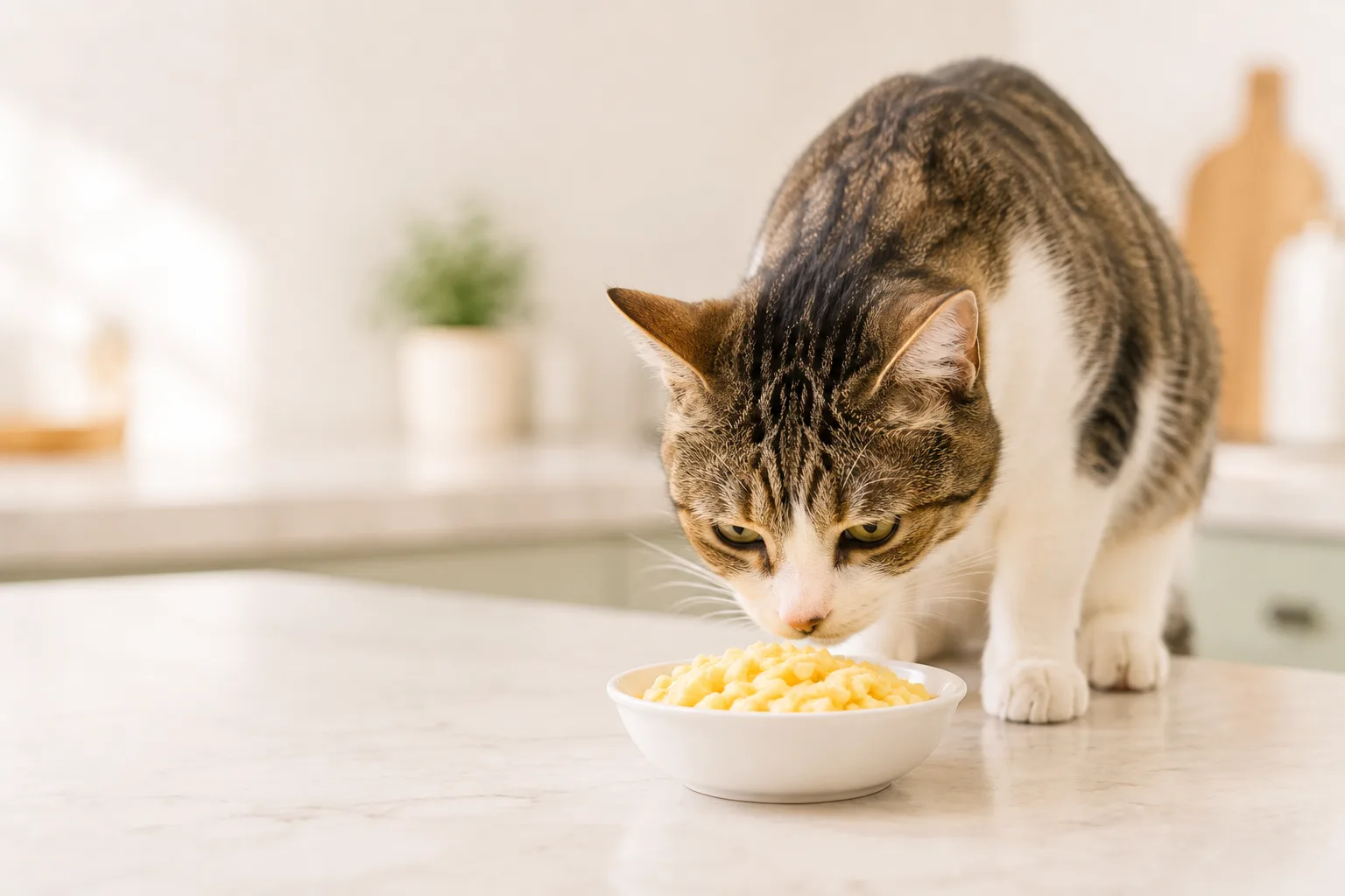 Tabby cat sniffing a small bowl of plain scrambled egg on a kitchen counter